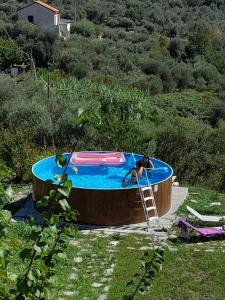 a woman sitting in a hot tub in a yard at Serendipity in Arnasco