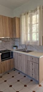 a kitchen with a sink and a microwave at Petros Studios in Nea Epidavros