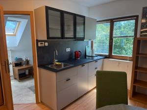 a kitchen with white cabinets and a sink at Ubytovanie pri lese a vode in Hamuliakovo