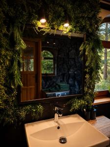 a bathroom with a sink and a mirror at Forest Camp Dom w Górach Sowich in Michałkowa
