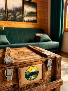 a wooden trunk in a living room with a green couch at Forest Camp Dom w Górach Sowich in Michałkowa