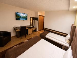 a hotel room with two beds and a desk at Pensiunea Alexander in Arad