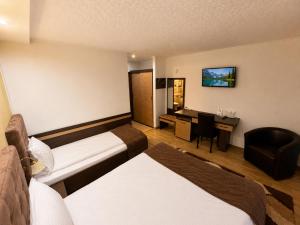 a hotel room with two beds and a desk at Pensiunea Alexander in Arad