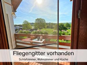 a window with a view of a garden at Ferienwohnung Matheaperle mit Infrarotkabine in Nidda