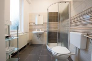 a bathroom with a toilet and a shower and a sink at B&B Vila Teslova in Ljubljana +48 photos