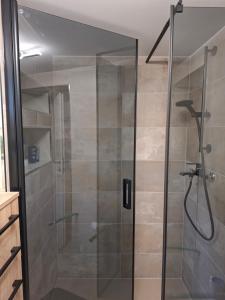 a shower with a glass door in a bathroom at Vacation home, Ferienhaus KLAUDIA in Kraj, Mošćenička Draga near Opatija in Mošćenička Draga +36 photos