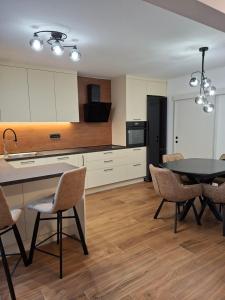 a kitchen with a table and chairs and a black refrigerator at Vacation home, Ferienhaus KLAUDIA in Kraj, Mošćenička Draga near Opatija in Mošćenička Draga