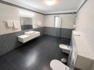 a bathroom with a sink and a toilet and a mirror at Pensiunea Alexander in Arad +35 photos
