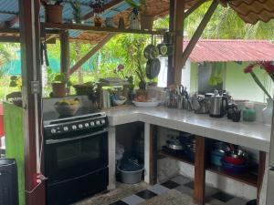a kitchen with a counter with a stove and a counter top at Colibri Paradise in Cahuita +10 photos