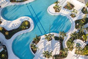 an overhead view of a swimming pool with palm trees at Tee Time Tranquility in Zephyrhills +42 photos