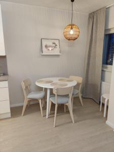 a table and chairs in a kitchen with a light fixture at Room Sonaatti in Savonlinna