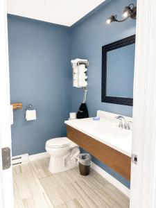 a blue bathroom with a toilet and a sink at Escarpment Heights Motel in Tobermory +33 photos