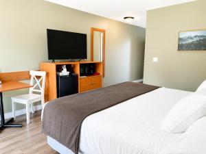 a bedroom with a bed and a desk and a television at Escarpment Heights Motel in Tobermory