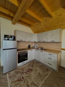 a kitchen with stainless steel appliances and wooden ceilings at Vlasic Odmor - Villa Vlasicka Bajka in Vlasic