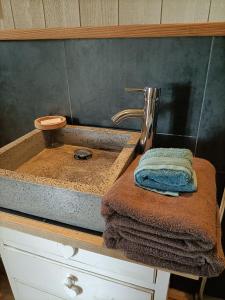 a bathroom sink with a faucet and a towel at Les Gîtes De Robin'son in Foulcrey