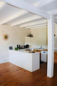 a kitchen with a white counter and wooden floors at Gite La Saintonge in Sainte-Gemme