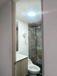 a small bathroom with a toilet and a shower at apartamento vacacional in Salento
