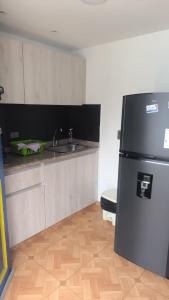a kitchen with a refrigerator and a sink at apartamento vacacional in Salento