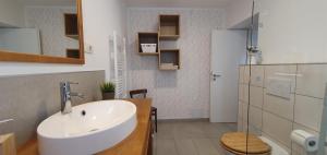 a bathroom with a white sink and a mirror at Apartments Tourist Farm Štorman with EV Ch-Station in Tržič +88 photos