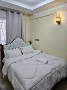 a white bed in a room with a window at Allan BnB HomaBay in Homa Bay