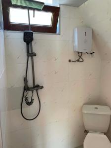 a bathroom with a toilet and a hair dryer on the wall at Makhuntseti Inn in Makhunts'et'i