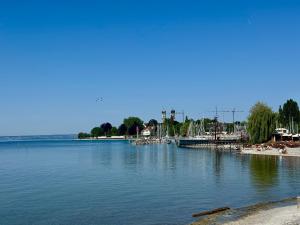 a large body of water with a dock and a beach at Apartment SeeZeit - Top Lage & nahe am Bodensee in Friedrichshafen