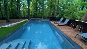 a swimming pool in the middle of a yard at Forest Escape with Jacuzzi & Pool Among the Trees by Destination GREEN Croatia in Ivanec +14 photos