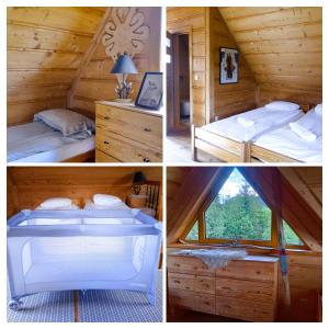 Drei Bilder einer Hütte mit Betten und einer Badewanne in der Unterkunft DOMEK POLANKA z sauną i widokiem na Tatry in Witów
