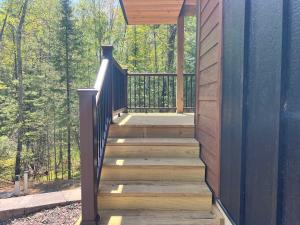 a wooden staircase leading to a deck on a house at Towering Pines Cottage in Saint Germain +47 photos