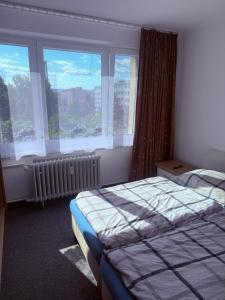a bedroom with a bed and a large window at Apartment Centrum in Lučenec