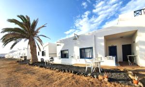 a white building with a palm tree in front of it at Apartamentos herederos Lm in Caleta de Sebo