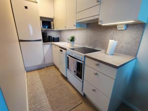 a kitchen with a white refrigerator and a sink at Room Sonaatti in Savonlinna +4 photos