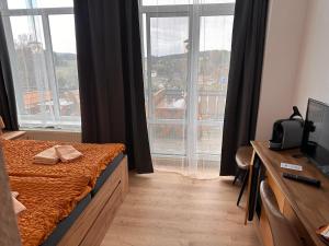 a bedroom with a bed and a large window at Pension und Berggasthaus Am Knochen in Geyer