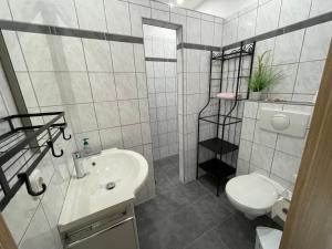 a white bathroom with a toilet and a sink at Ferienhaus Calle in Bücken