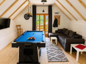 a living room with a pool table at Etno kuća Radonjić - Family Retreat & Spa in Guča