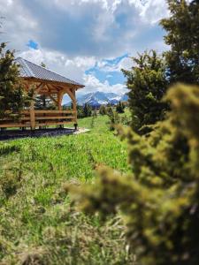 a wooden bench in a field with mountains in the background at 4 BEARs in Kovačka Dolina