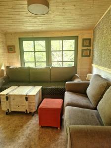 a living room with a couch and a table at Osada Bura Polana - drewniane domki z sauną in Ujsoły