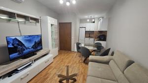 a living room with a couch and a large television at Elena Relax Apartment in Varna City