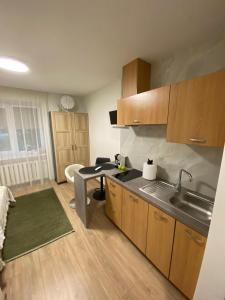 a kitchen with wooden cabinets and a sink at Acapulco Liepaja in Liepāja +13 photos