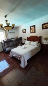 a bedroom with a large bed and a chandelier at Chalet Venta del Aire Cortijo Terrón in Lanjarón