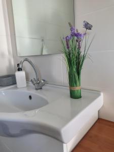 a vase of purple flowers sitting on a sink at Vén Malom Apartman in Zalaszentgrót +21 photos