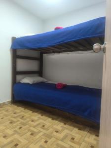 a bedroom with a bunk bed with blue sheets at apartamento vacacional red in Salento