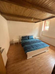 a bedroom with a large bed with blue sheets at Eko park Jelići in Jelići