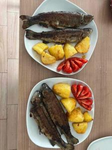 two plates of fish and potatoes and strawberries on a table at Eko park Jelići in Jelići +16 photos