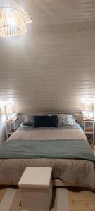 a bedroom with a bed with two tables and a lamp at MAKS HOUSE KASZUBY Balia Lake and Forest Retreat in Przewóz