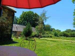 a table with an umbrella in a yard at La petite Salamandre bleue in La Croisille-sur-Briance