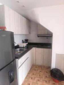 a small kitchen with a sink and a refrigerator at apartamento vacacional red 1 in Salento