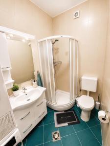 a bathroom with a shower and a toilet and a sink at Apartments Klara in Donja Lastva +45 photos