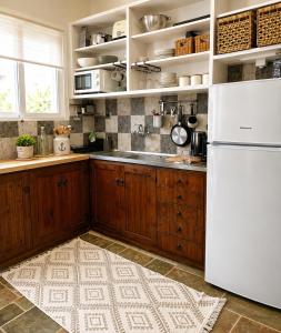 a kitchen with a white refrigerator and wooden cabinets at SeaTerra Boutique suite in Kalamos