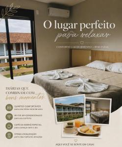 a flyer for a hotel room with a bed and food at Marina's Pousada in Pasto da Mata